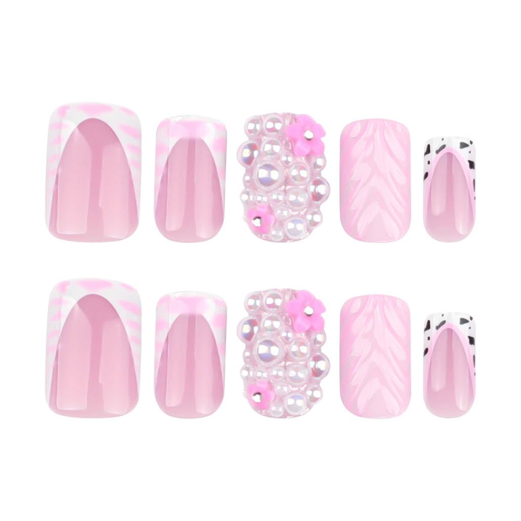 Foccna Press on Nails Medium Long French Pink Fake Nails Square Bling Glossy 3D Pearl Flower False Nail Tips Artificial Nails Finger Manicure for Women and Girls,24pcs - Image 4
