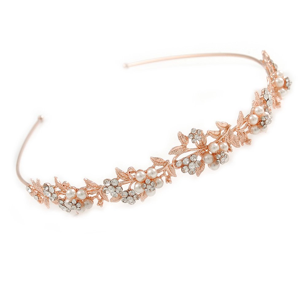 Avalaya Bridal/Wedding/Prom Rose Gold Tone Clear Crystal, White Glass Flowers & Leaves Tiara Headband