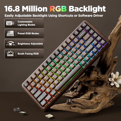 YUNZII WOOD84 Wireless Gaming Mechanical Keyboard 75% in Wood, Bluetooth/2.4G/USB-C, RGB Backlight, Tray, Hot-Swap with PBT Keys for Mac/PC, QWERTY (Candy)