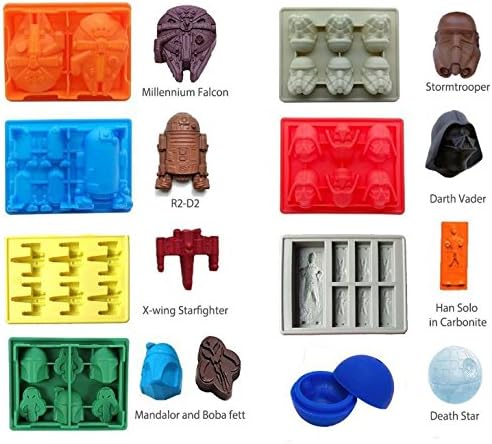 Set of 8 Star Wars Silicone Ice Trays / Candy Chocolate mouldsz : Darth Vader, X Wing Filghter, R2-D2, Bota Fett, Stormtrooper, Millennium Falcon, Han Solo and Death Star