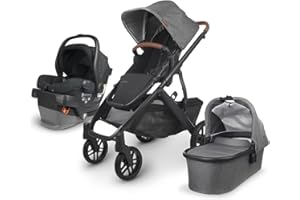 UPPABABY Vista V2 Stroller - Greyson - Charcoal Mélange | Carbon Frame | Saddle Leather + Mesa V2 Infant Car Seat - Greyson - Charcoal Melange | Merino Wool