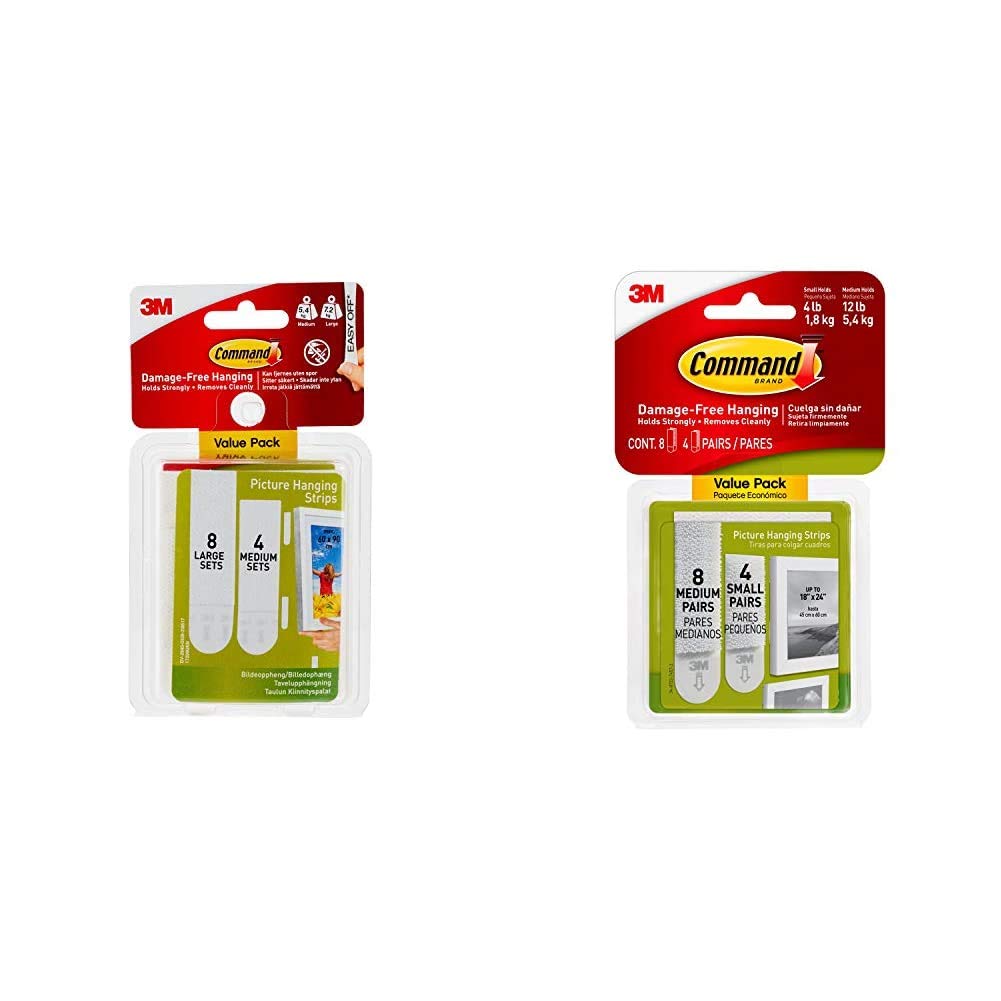 3M Command Picture Hanging Strips – Value Pack - 4 Pairs (Medium), 8 Pairs (Large) & Command 17203 Small and Medium Picture Hanging Strips Value Pack, 4 Pairs Small, 8 Pairs Medium-White