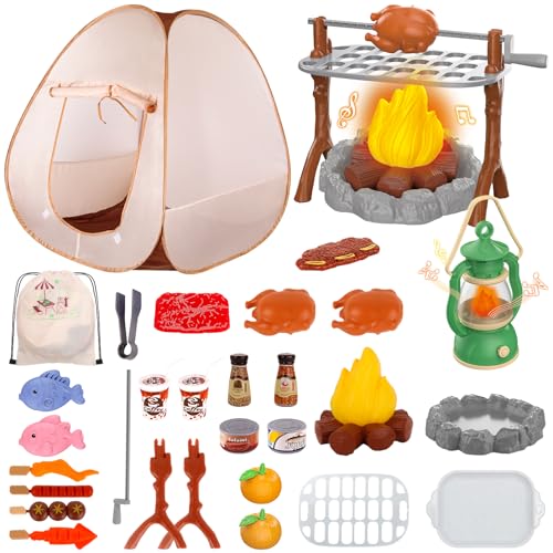 deAO Kids Camping Play Tent,Pop Up Play Tent Toy Set with Camping Tools,Play Food for Boys Girls Pretend Play Set for Toddler 3+ Year Old, Kids Indoor Outdoor Game