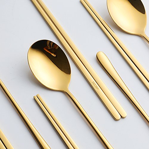 Buyer Star 4 Set Spoon Chopsticks, Gold Reusable Metal Stainless Steel Korean Chopstix Spoon Set