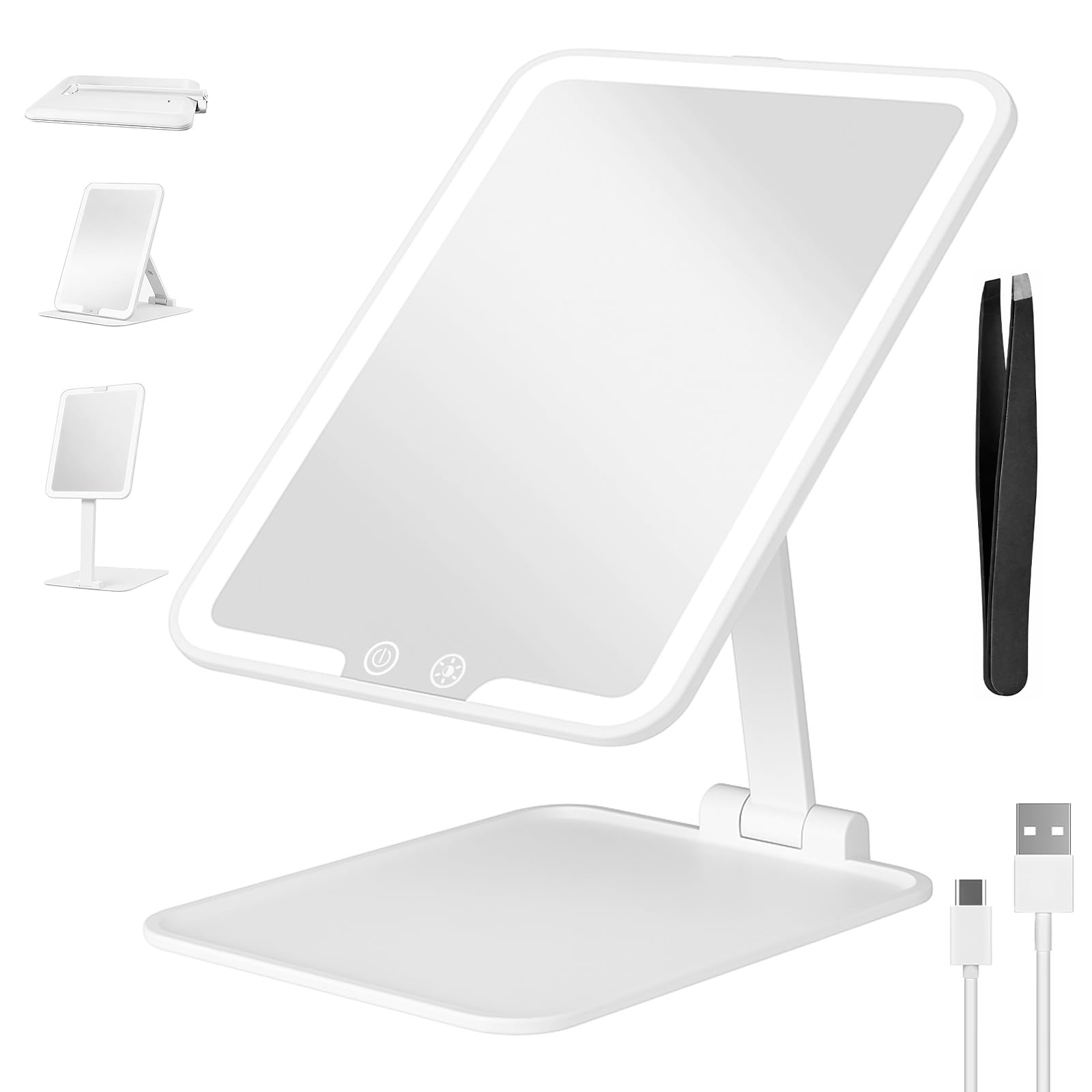 MKUMIR 1500mAh Rechargeable Travel Makeup Mirror,Folding Lighted Cosmetic Tabletop Mirror,3 Color Lighting,Dimmable Touch,Freely Adjust Height and Angle,Memory Function
