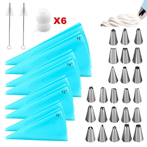 40 Pieces Silicone Pastry Bags, Reusable Icing Piping Bags Baking Cookie Cake Decorating Bags, Cake Decorating Tools with 8 Pack 4 Sizes, 24 Icing Piping Tips, 6 Standard Couplers, 2 Cleaning Brush
