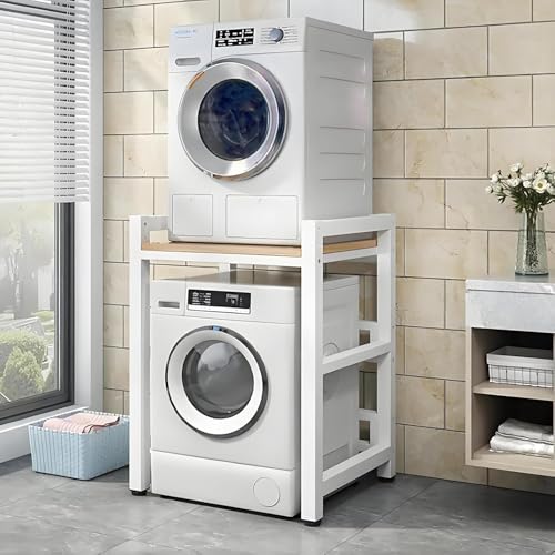 Dryer Stand Height Adjustable, Portable Stacking Kit for Front Loader Washing Machine & Tumble Dryer, Storage Rack Over Washing Machine Storage Unit, 400kg Load Capacity BlackFrame White