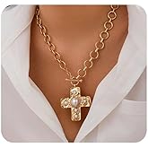 Chunky Pearl Cross Necklace for Women Gold Statement Necklace Big Crucifix Pendant Necklaces Vintage Pearl Necklaces Simple Christian Jewelry