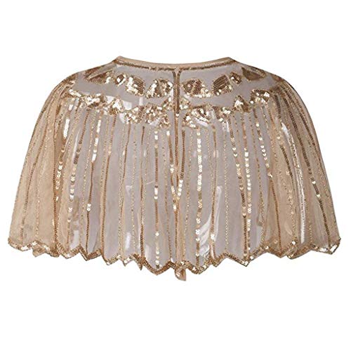 Clothful  Woman Tops , Women's 1920s Shawl Beaded Sequin Deco Evening Cape Bolero Flapper Cover up Beige