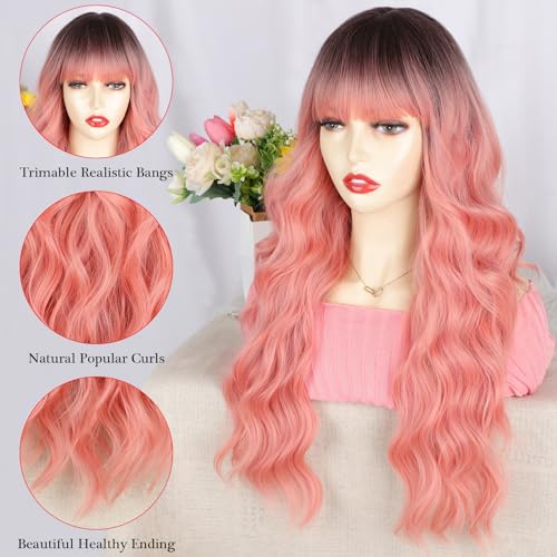 POPTAIYU Ombre Pink Wig with Bangs Long Wavy Wig With Air Bangs Silky Full Heat Resistant Synthetic Hair Pink, Hair Replacement Natural Looking Wigs for Christmas/Cosplay/Party 26 Inches(Ombre Pink)