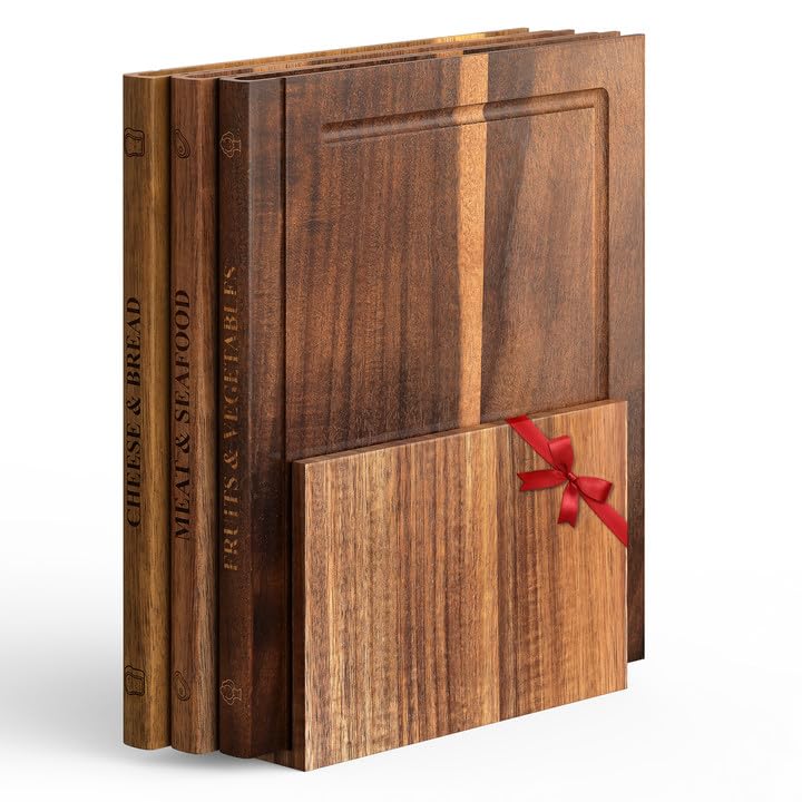 Photo 1 of **SELLING FOR PARTS**Book Shaped Cutting Board Set with Stand, 3PCS 100% Acacia Book Cutting Boards, Library Chopping Board Set for kitchen, Juice Groove, Three categories of tags, Gift for Book Lovers