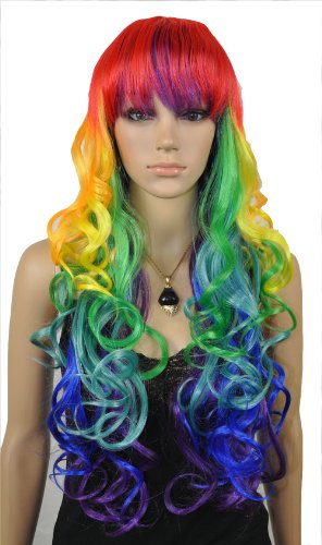 Paixpays Long Wavy Curly Multi-Color Colorful Rainbow Full Hair Wig Cosplay wig
