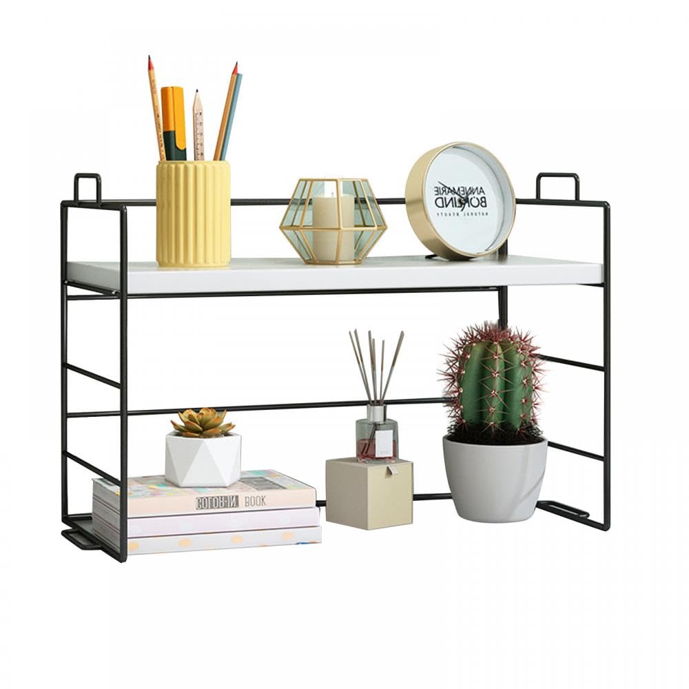 Gelory Desk Organizer Shelf Desktop Storage Shelf Display Bookcase Storage Rack Multipurpose Desktop Bookcase Stand for Office Kitchen Bedroom Bathroom Reading Room (Black frame white)