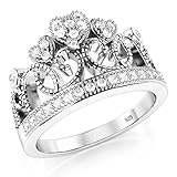 925 Sterling Silver Cubic Zirconia Princess Heart Crown Tiara CZ Band Ring