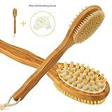 Scheam Bamboo Bath Brush for Back Scrubber with Long Handle and Scrubbing Exfoliating Gloves