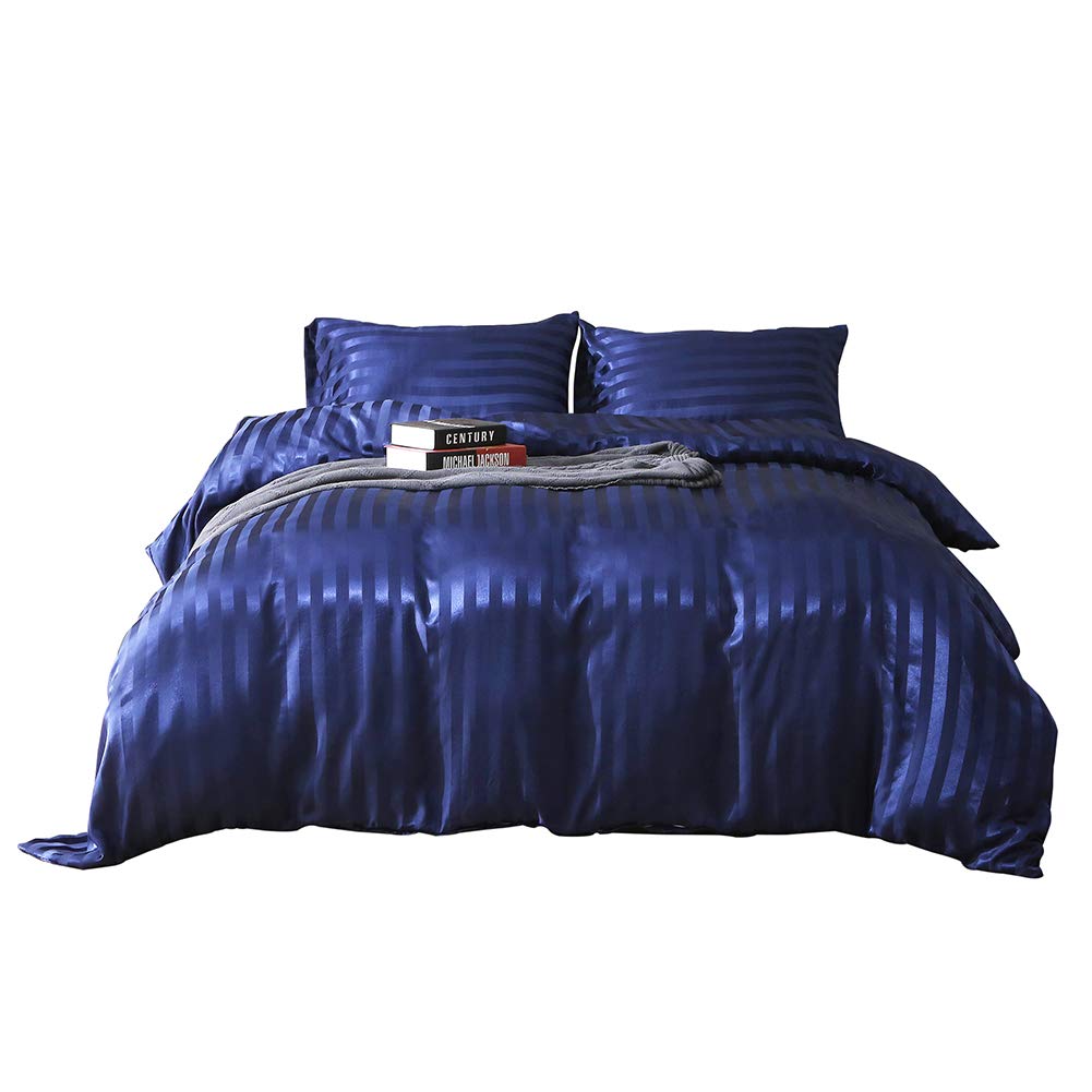 HOTNIU Striped Satin Silk Duvet Cover Set with Zipper Closure - Quality Ultra Soft Premium 3 pieces Bedding Collection Sets - 100% Microfiber Comforter Protector with SHAM (Navy blue, King)