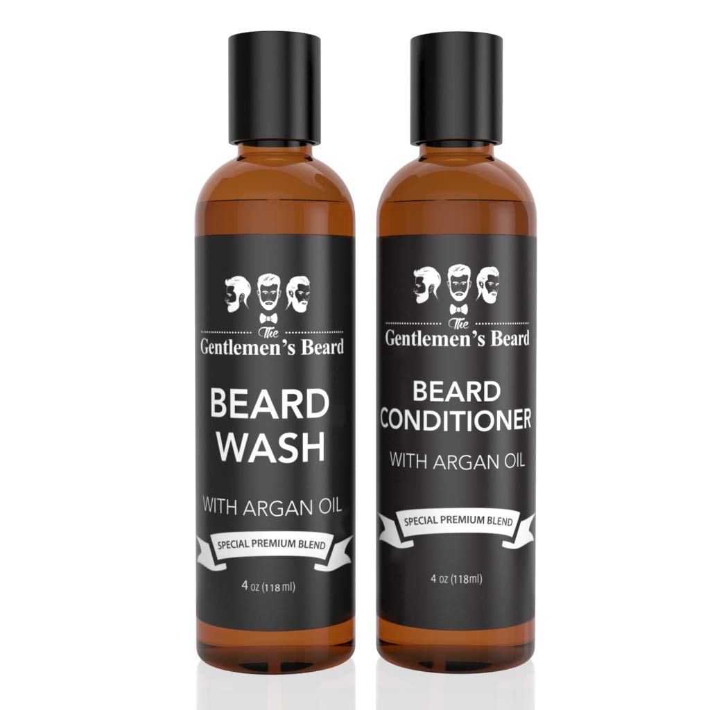 Beard Wash Shampoo & Beard Conditioner Softener Set with Argan Oil - Aids Growth and Volume - Softens, Smooths & Strengthens All Types of Beards & Mustaches - Made In the USA
