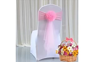 JADERYS Pack of 50 Flowers Organza Stretch Chair Sashes for Romantic Wedding Holiday Party Celebration Birthdays Chair Decorations (Pink, 50pcs)