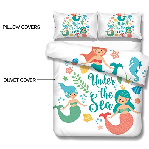 ARIGHTEX Mermaid Bedding Blue Turquoise Bedding Set Baby Girl Mermaid Duvet Cover Under The Sea