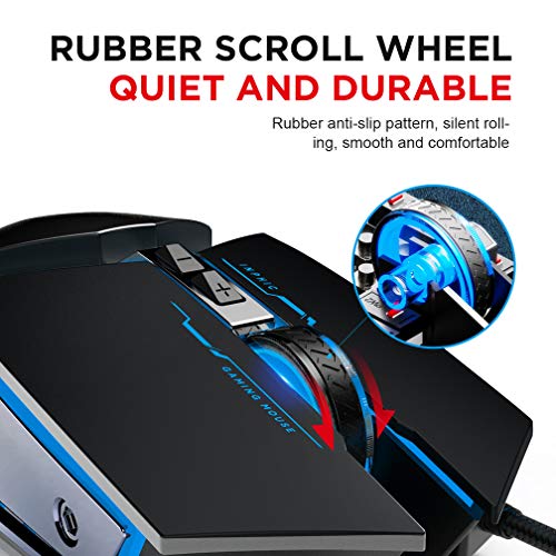 Mouse Gaming Silenzioso, Inphic 4800DPI Mouse da Gioco Ottico USB con Cavo, Regolazione 5 DPI, 6 Pulsanti Programmabili, 7 LED RGB con peso extra per i giocatori, PC Laptop Mac, Nero