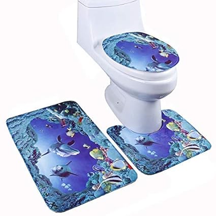 Jisen 3 Pcs Sea World Bathroom Mat Set (Bath mat + Pedestal Rug + Toilet Seat Cover)