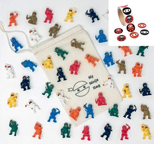 Complete Set of 48 Mini Ninjas Warriors with Storage Bag and 100 Stickers Karate Fighters Figures Cup Cake Toppers Ninja Kung Fu Guys Martial Arts Little Men Lot Party Favors