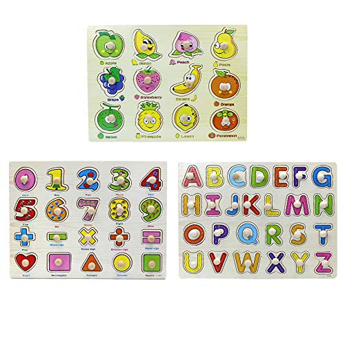 Kids Toddler Puzzles Wooden Peg Puzzles - 3 Piece Puzzle Set - Alphabet, Numbers and Shapes Toy - Perfect pegged Puzzles for Kid Learning Letters, Number, Shape Board Puzzles for Toddler Ages 3+