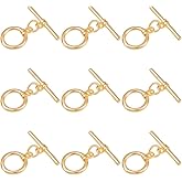 Beebeecraft 1 Box 10 Sets T Bar Jewelry Clasp Real 18K Gold Plated Brass Metal Connectors Toggle Round Snap Clasp Findings with Open Jump Rings for Jewelry Making Necklace Bracelet Earrings DIY Craft