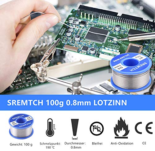 Lötkolben, SREMTCH 60W/220V Lötkolben Set mit Einstellbarer Temperatur knob 200-450°C und EIN/AUS-Schalter, 100g Lötzinn, 5 Lötspitzen, Entlötpumpe, Löten Ständer mit Schwamm, PU Bag für Reparaturen – Bild 6