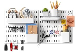White Plastic Pegboard Organizer Wall Panel, Home Office Kitchen Garage Peg Board Wall Organizer Panels with Hooks Desk Adhes