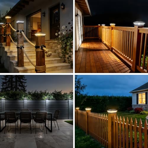 NATPOW Solar Post Lights Solar Post Cap Lights Outdoor, 2 Modes Fence Post Light Waterproof, Warm &Cool White Garden Lights for 4×4 5×5 inch Wood/Vinyl Posts Patio, Fence(4 Pack)