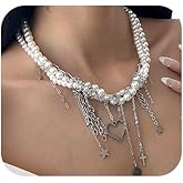 Layered Pearl Cross Pendant Necklace for Women,Hollow Out Heart Tassel Collarbone Choker,Beach Wedding Party Fashion Statement Jewelry Accessories