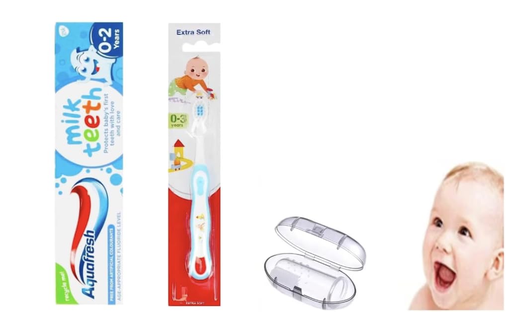 Sanitral Complete Baby’s First Toothbrush Kit-Aquafresh Milk Teeth 0-2 Years Toothpaste+Extra Soft Toothbrush +Finger Toothbrush (Set of 3)