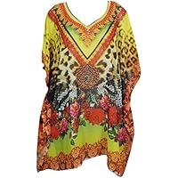 Mogul Interior Womens Short Caftan Bikini Cover up Beach Digital Print Kimono Kaftan Dress One Size