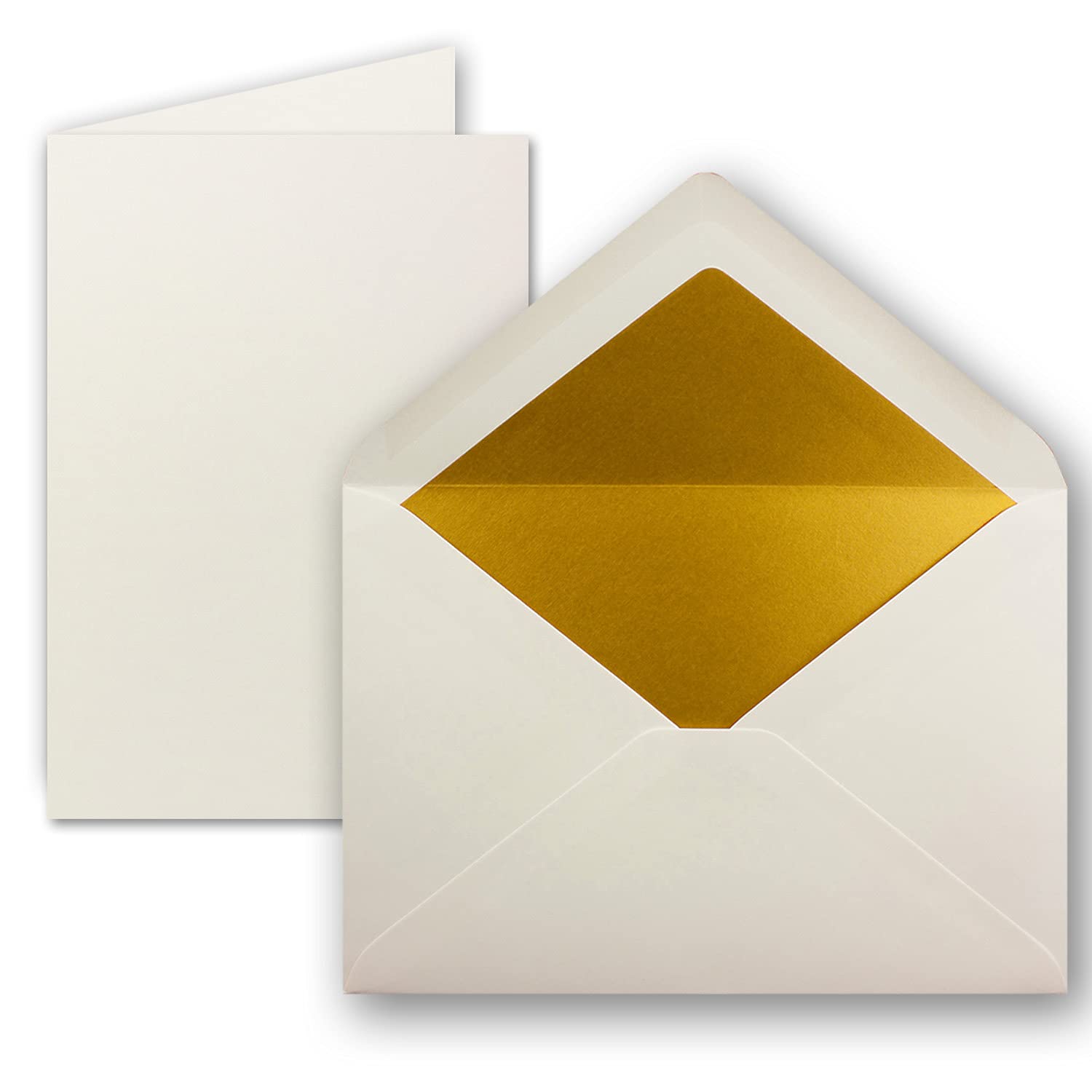 10 sets - folding cards DIN A5 - natural white (white) with envelopes DIN C5 with gold metallic lining - 14.8 x 21 cm