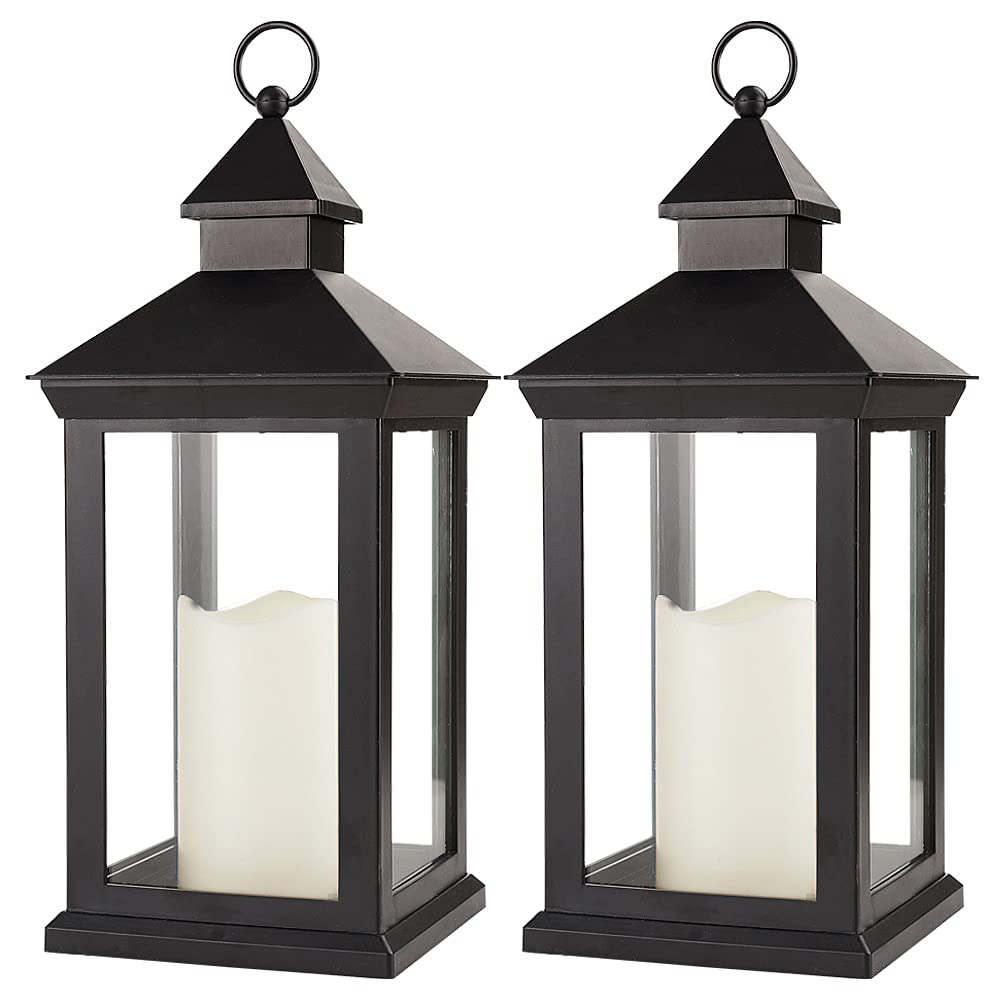 Photo 1 of Bright Zeal 2-Pack 14" Decorative Candle Lantern Black Outdoor Lanterns with Timer Candles - IP44 Waterproof Vintage Lanterns Battery Powered LED Decorative for Wedding - Warm White Hanging Wall