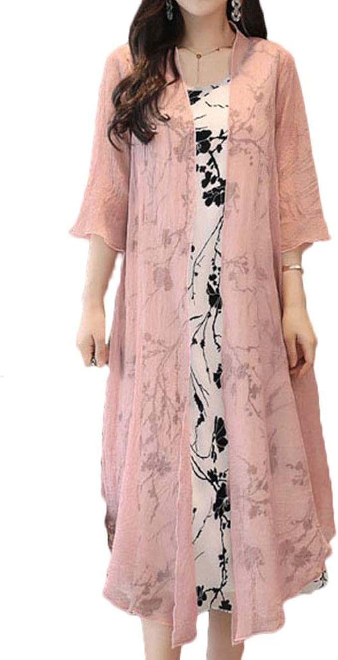 Amazon エイチユーエー 在庫処分セール H U A 3カラー M Xl ワンピース カーディガン 2点セット 花柄 綺麗 おしゃれ シフォン 着やせ ロング 膝下 レディース ワンピース チュニック 通販
