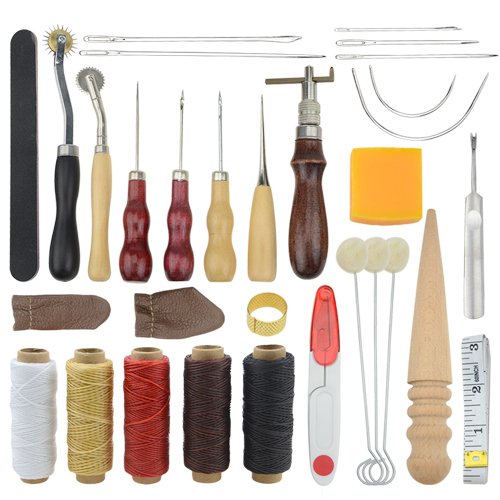 XLX 25PCS Leather Craft Hand Tool Kit Hand Stitching Sewing Tool Handy Stitching Needle Waxed Tread Awl Groover Kit for DIY Leather Stitching Craftwork Accessory - Thumbnail 5