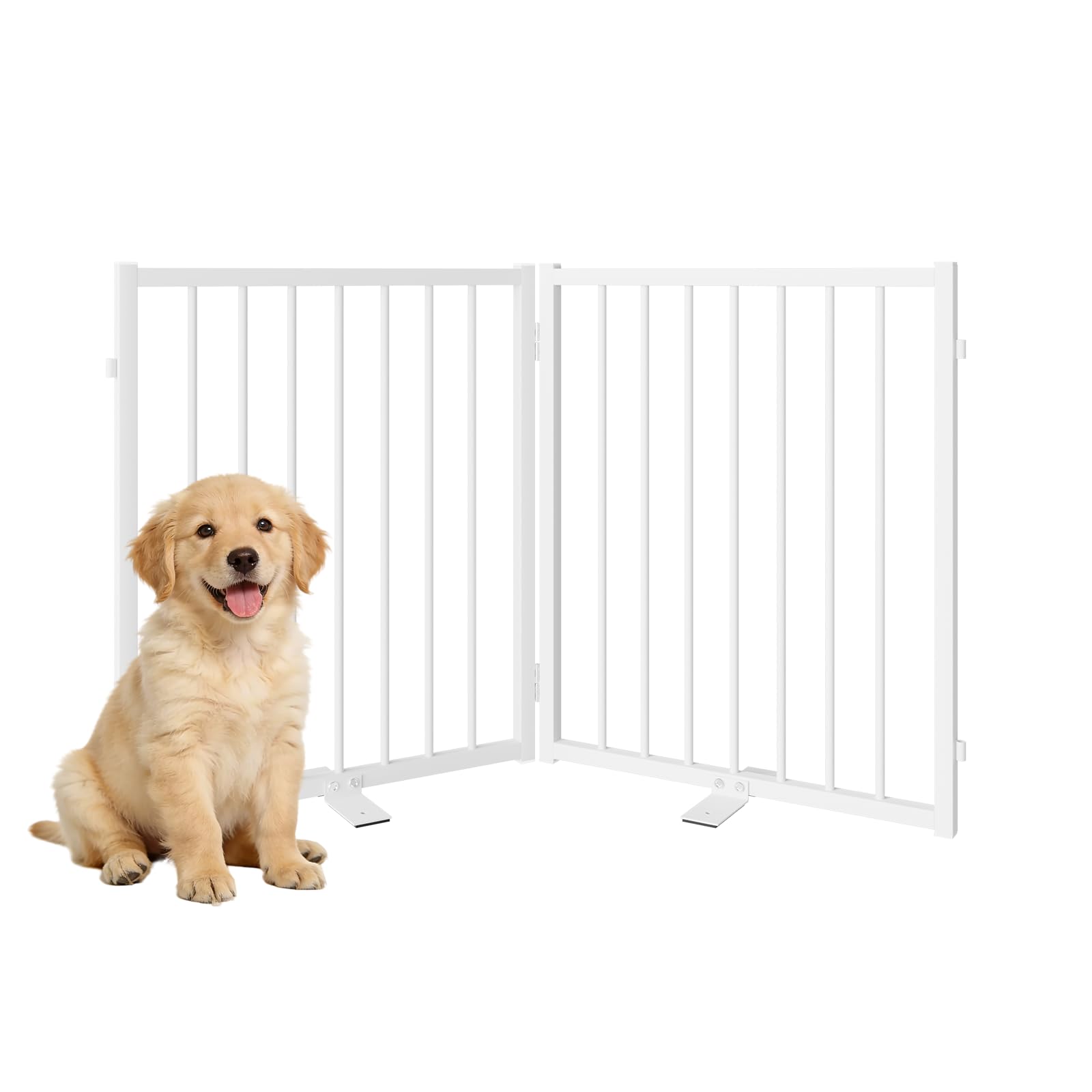SNUOWU Full Metal Freestanding Gate with Door, 24'' Height Foldable Pet Dog Fence for Indoor & Outdoor, 2 Panels Extra Wide Free Standing Small Dog Gates for Doorways,House,Stairs,Porch,Deck,Yard Image