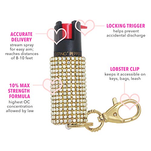 BLINGSTING Cute and Quick Access Self Defense Police Strength Rhinestone Pepper Spray Keychain with UV Marking Dye, Personal Protection for Women, Gold