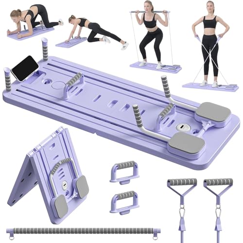Foldable Pilates Reformer Set, New Upgraded 6 in1 Reformer Pilates Machine with Mobile Phone Holder, Multi-Purpose Pilates Board Abdominal Exercise Board for Home Workout (Purple)