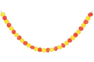 Garneck Marigold Flower Garland Artificial with Bells and Leaves, Yellow and Orange Indian Festival Decor