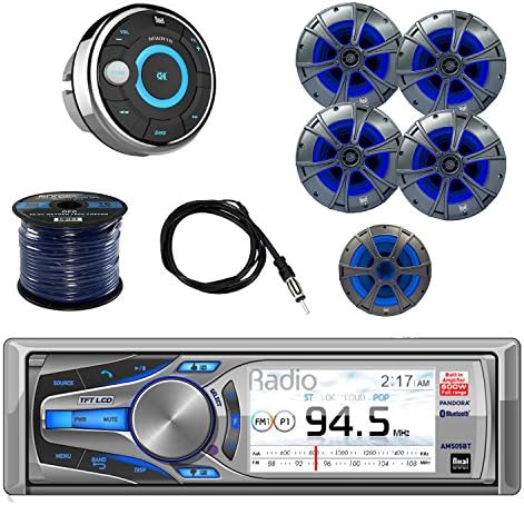 Dual Mechless Bluetooth Receiver iPod/iPhone Control with Dual 2-Way Marine Speaker 2-Pairs, Dual Subwoofer Marine Speaker, Dual Wired Remote Control, Enrock Speaker Wire and Enrock Marine Antenna