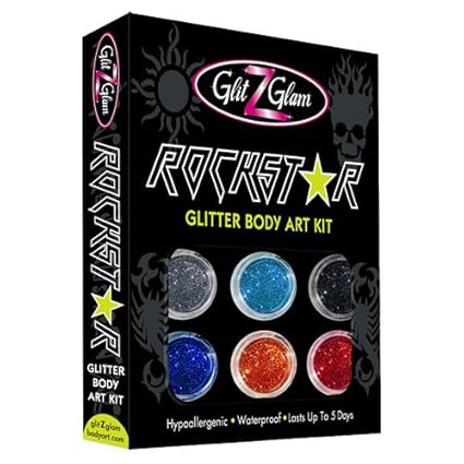 Glitzer-Tattoo-Kit - Rockstar mit 6 großen Glitzerdosen & 12 Schablonen für Temporär-Tattoos