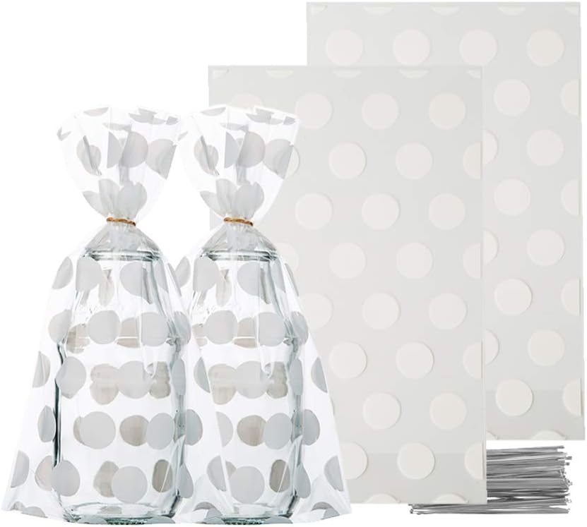 AWELL Small White Cello Bags 6.5x4.5 inch for Treat Candy Cookie Party Favor Bags,White Dots,Pack of 200