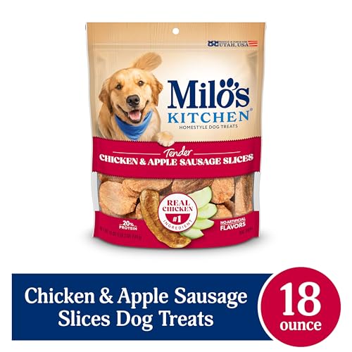MILO’S KITCHEN HOMESTYLE DOG TREATS, CHICKEN & APPLE SAUSAGE SLICES, 18 OUNCE, HIGH PROTEIN, NO ARTIFICIAL FLAVORS