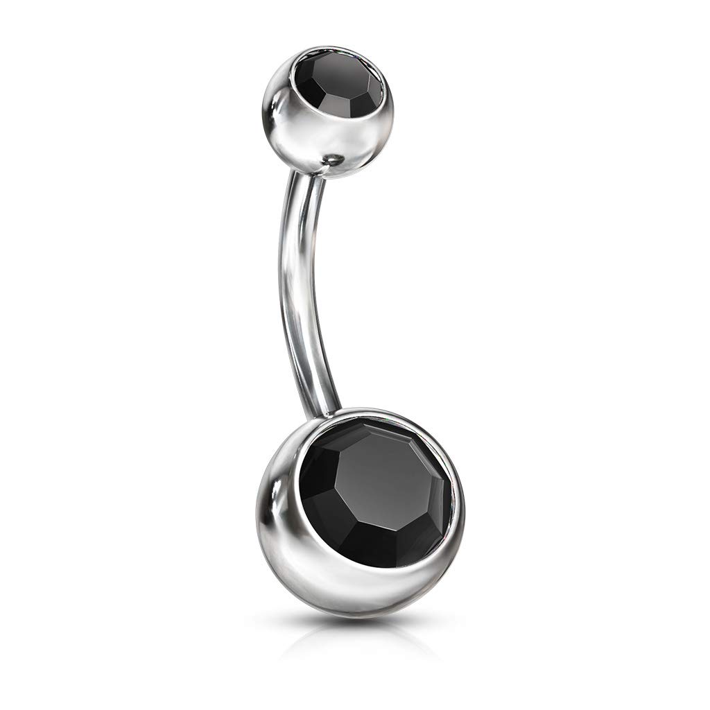 PiercedOff 316L Surgical Stainless Steel 10mm Belly Bar with Externally Threaded Black CZ Jewelled Balls