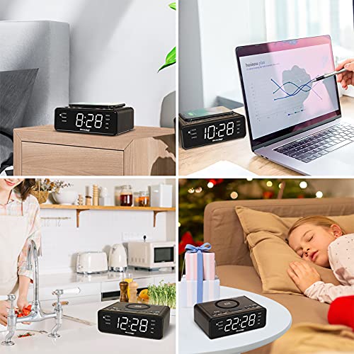 REACHER Alarm Clock Radio with Wireless Charging & USB Charger, Large