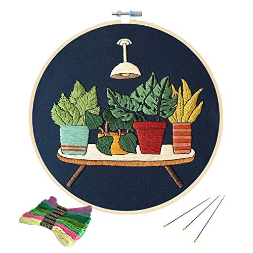 Embroidery Starter Kit with Pattern, Mikimiqi Full Range of Stamped Embroidery Kit Including Embroidery Cloth with Floral Pattern, Bamboo Embroidery Hoop, Color Threads and Tools Kit (Night Plant) - Thumbnail 4