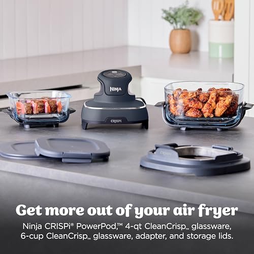 Ninja Crispi 4-in-1 Portable Glass Air Fryer Cooking System, 1500W, 4QT & 6-Cup TempWare Glass Containers with Storage Lids, Microwave, Freezer & Dishwasher Safe, Cyberspace Gray, FN101GY